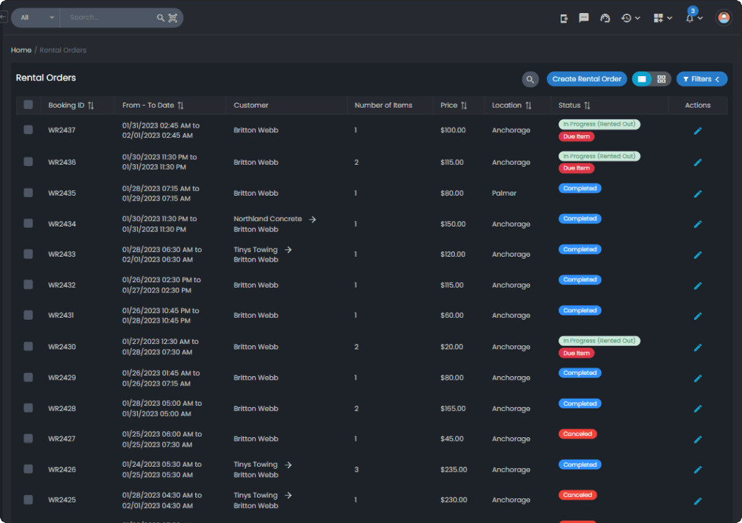 WebbRes Rental module rental order list